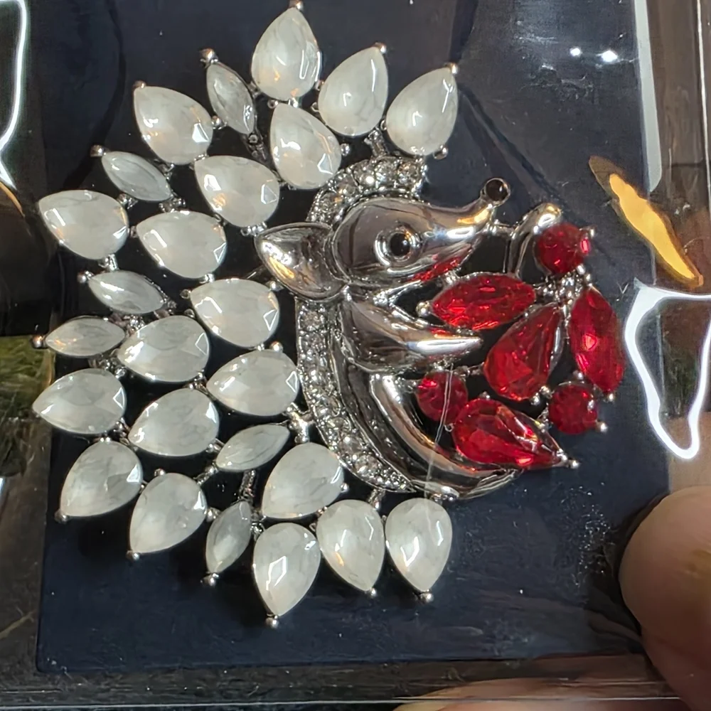 Vintage Porcupine Brooch Silver Tone Red Crystal Opaline Glass Figural 549